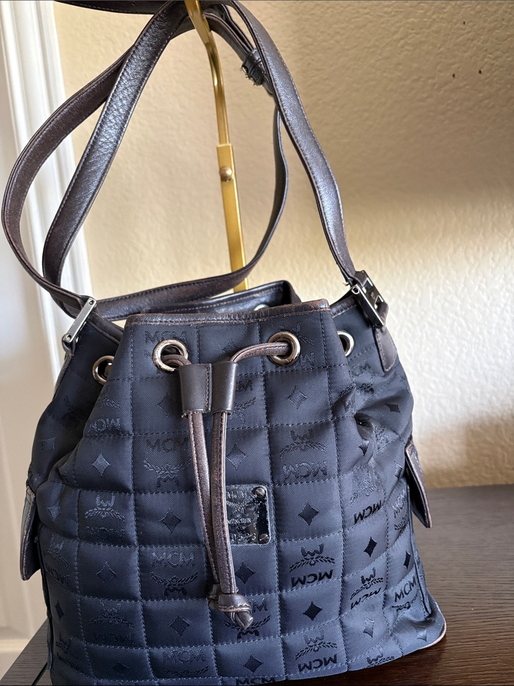 MCM Black Quilted Logo Drawstring Bucket Bag